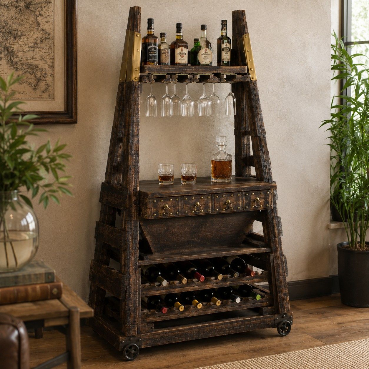 Industrial Wooden Bar Counter with Wine Storage