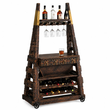 Industrial Wooden Bar Counter with Wine Storage