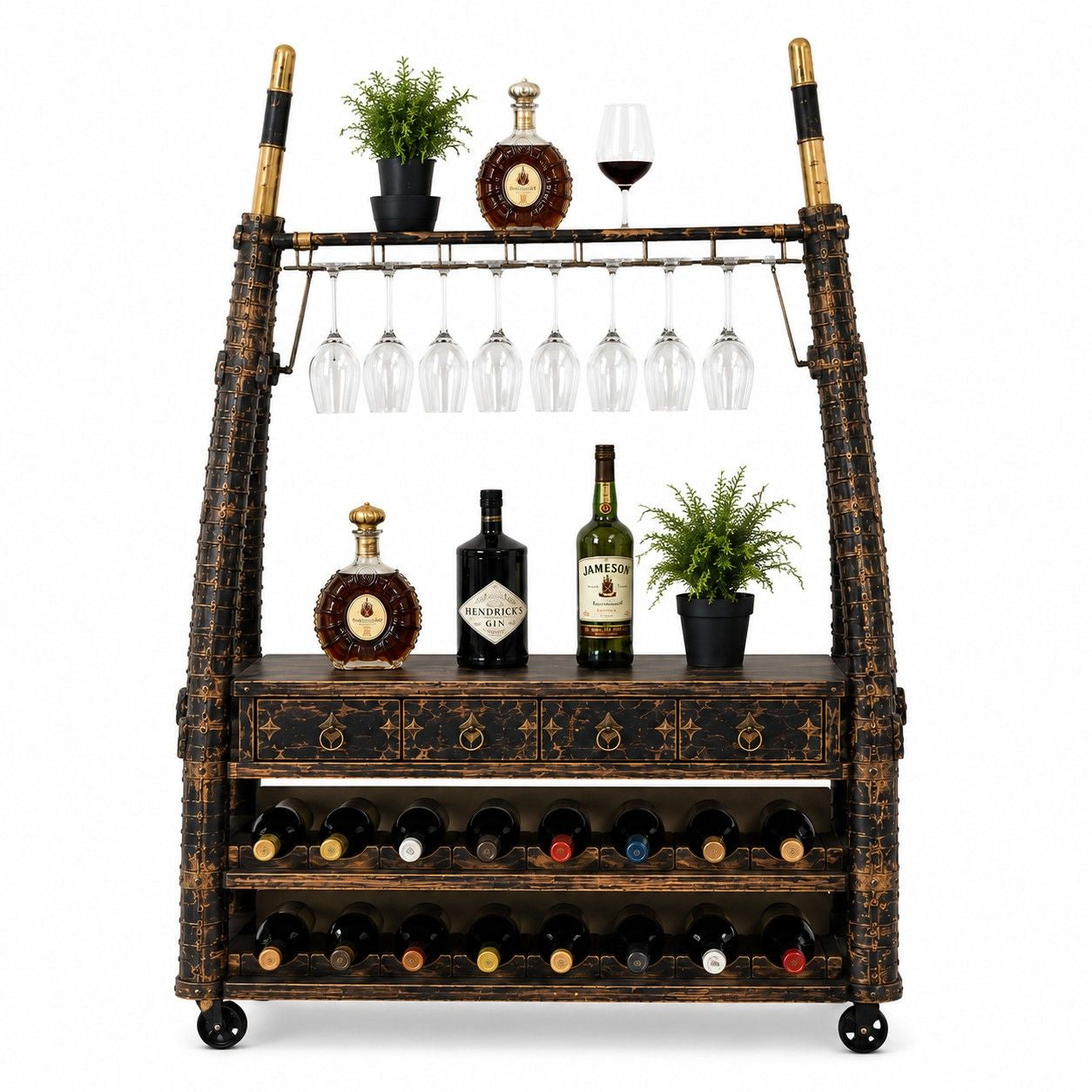 Industrial Iron & Wood Display Rack Cabinet