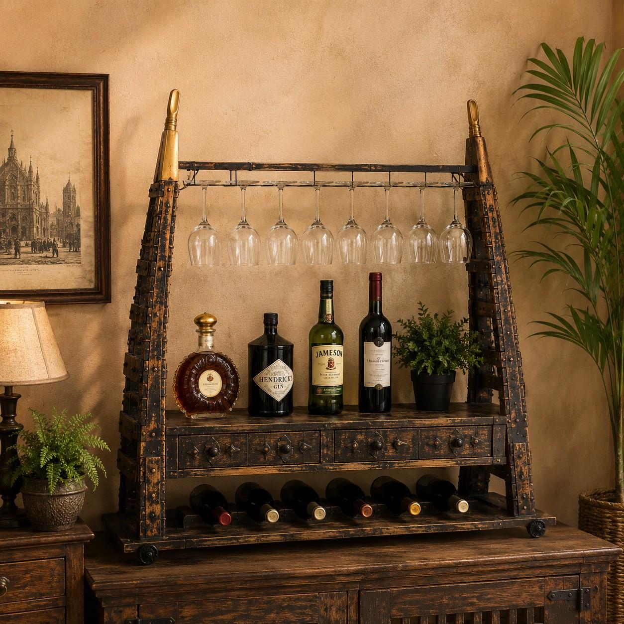 Industrial Iron & Wood Display Cabinet with Drawers