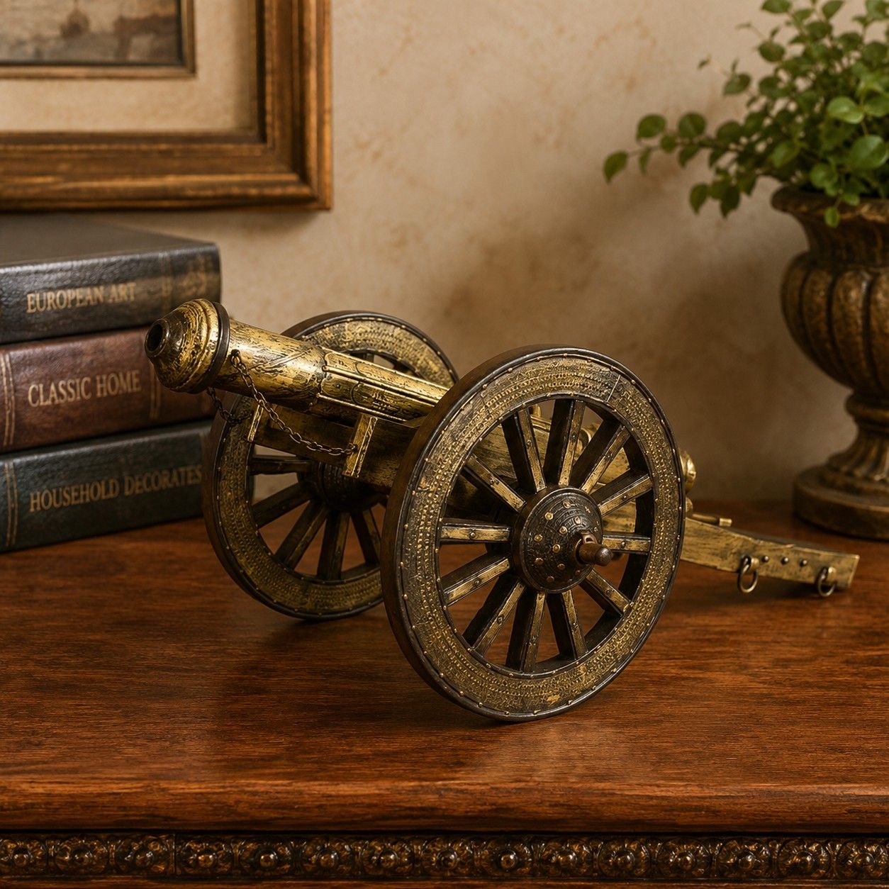 Decorative Brass Cannon Replica on Wooden Carriage