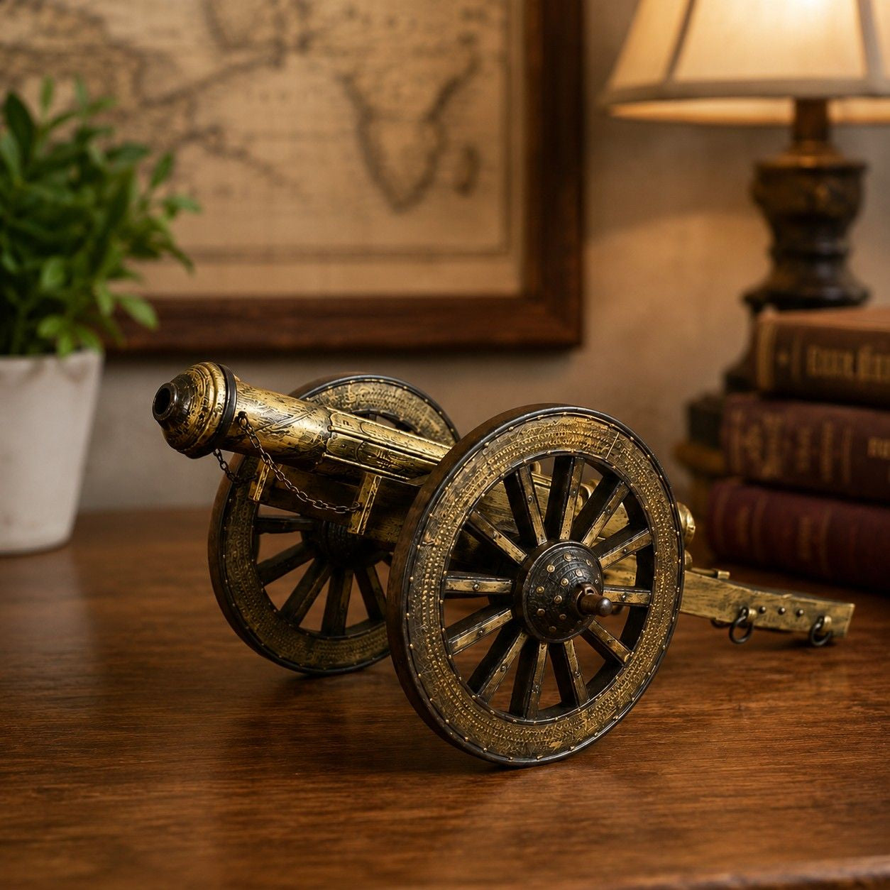 Decorative Brass Cannon Replica on Wooden Carriage