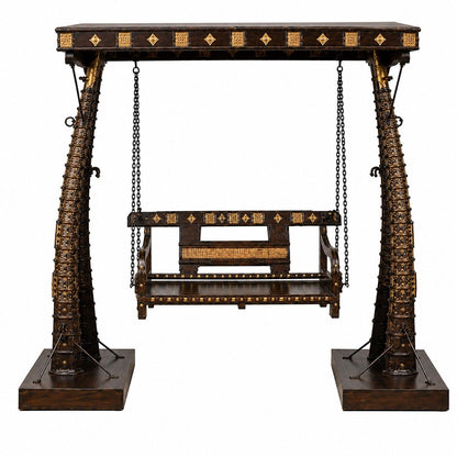 Luxury Brass & Wood Swing with Ornamental Detailing