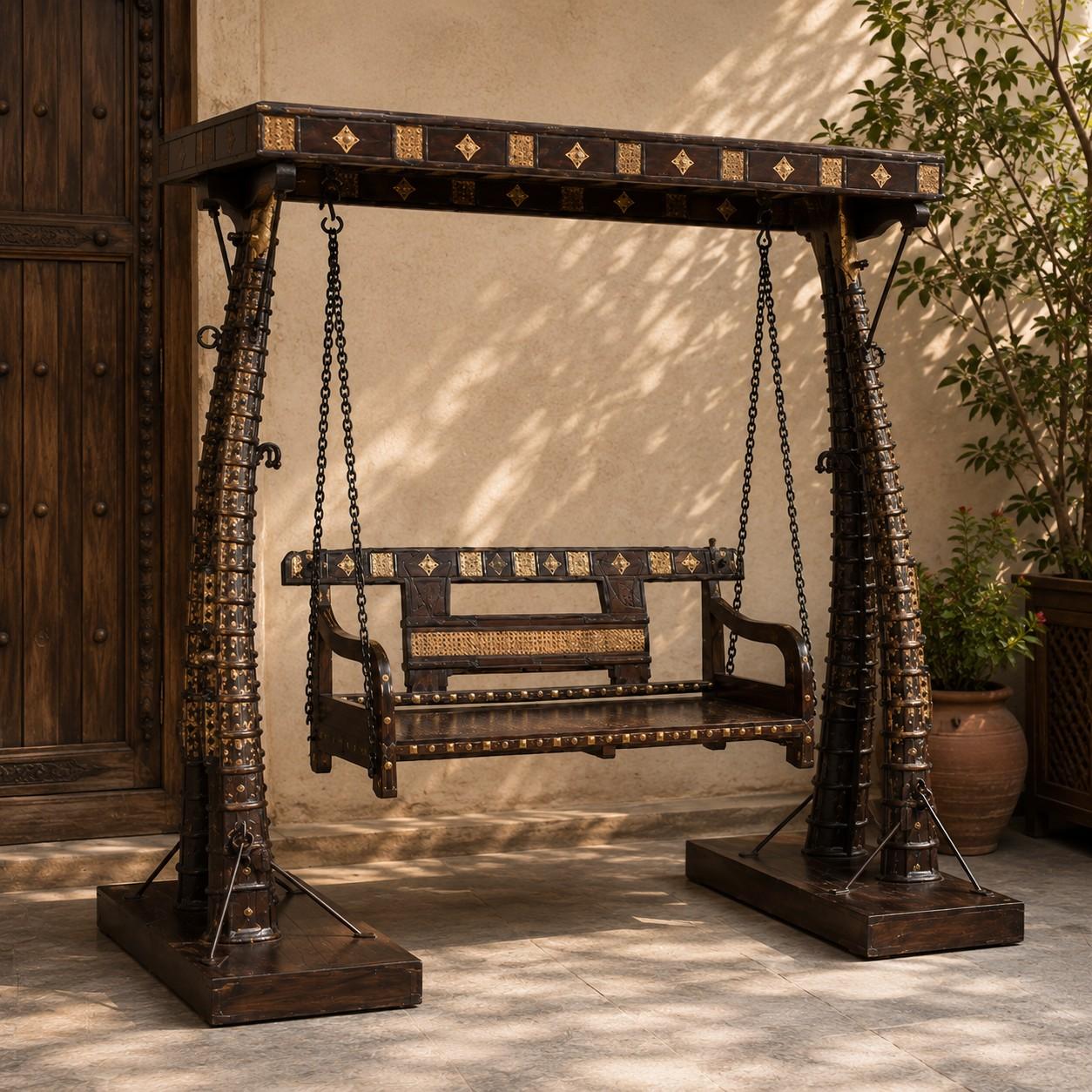 Luxury Brass & Wood Swing with Ornamental Detailing