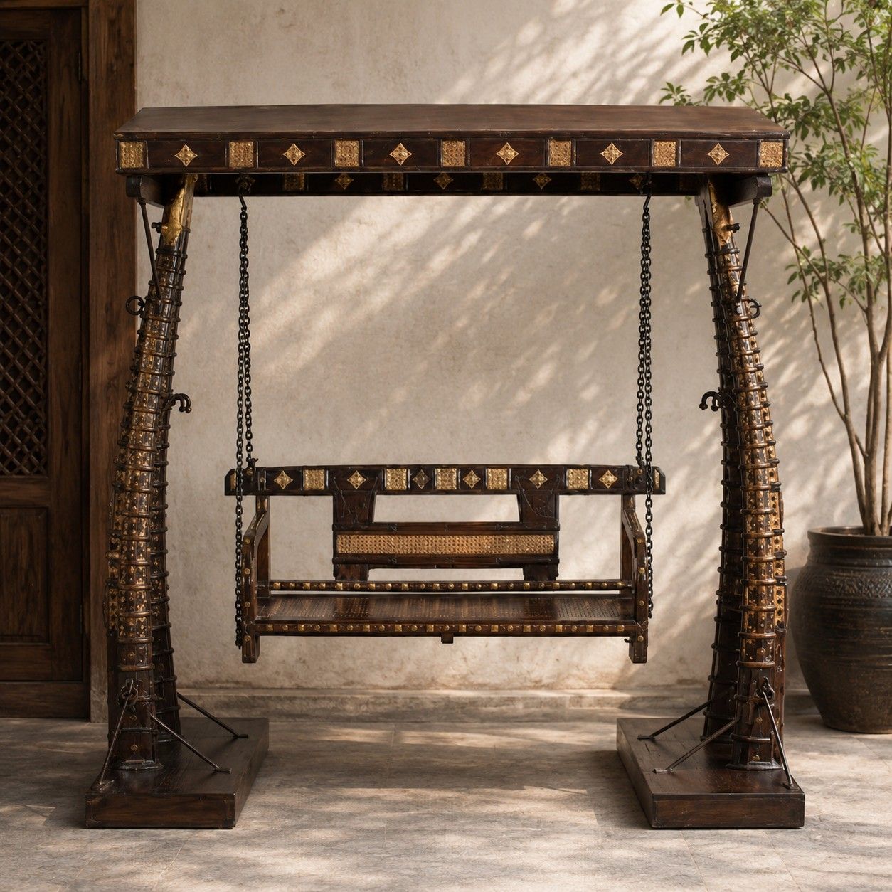 Luxury Brass & Wood Swing with Ornamental Detailing