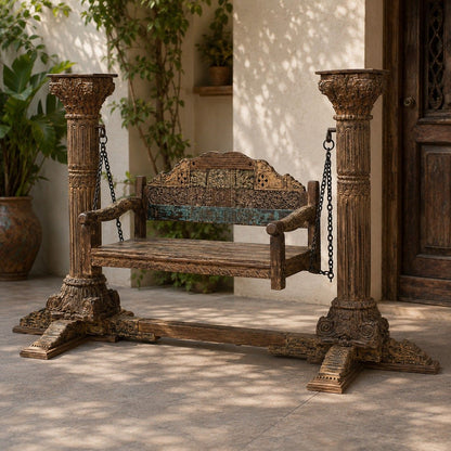 Hand-Carved Pillar Swing with Antique Finish