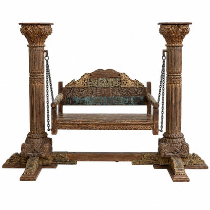 Hand-Carved Pillar Swing with Antique Finish