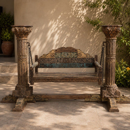 Hand-Carved Pillar Swing with Antique Finish