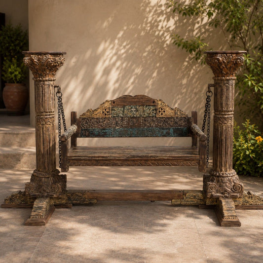 Hand-Carved Pillar Swing with Antique Finish