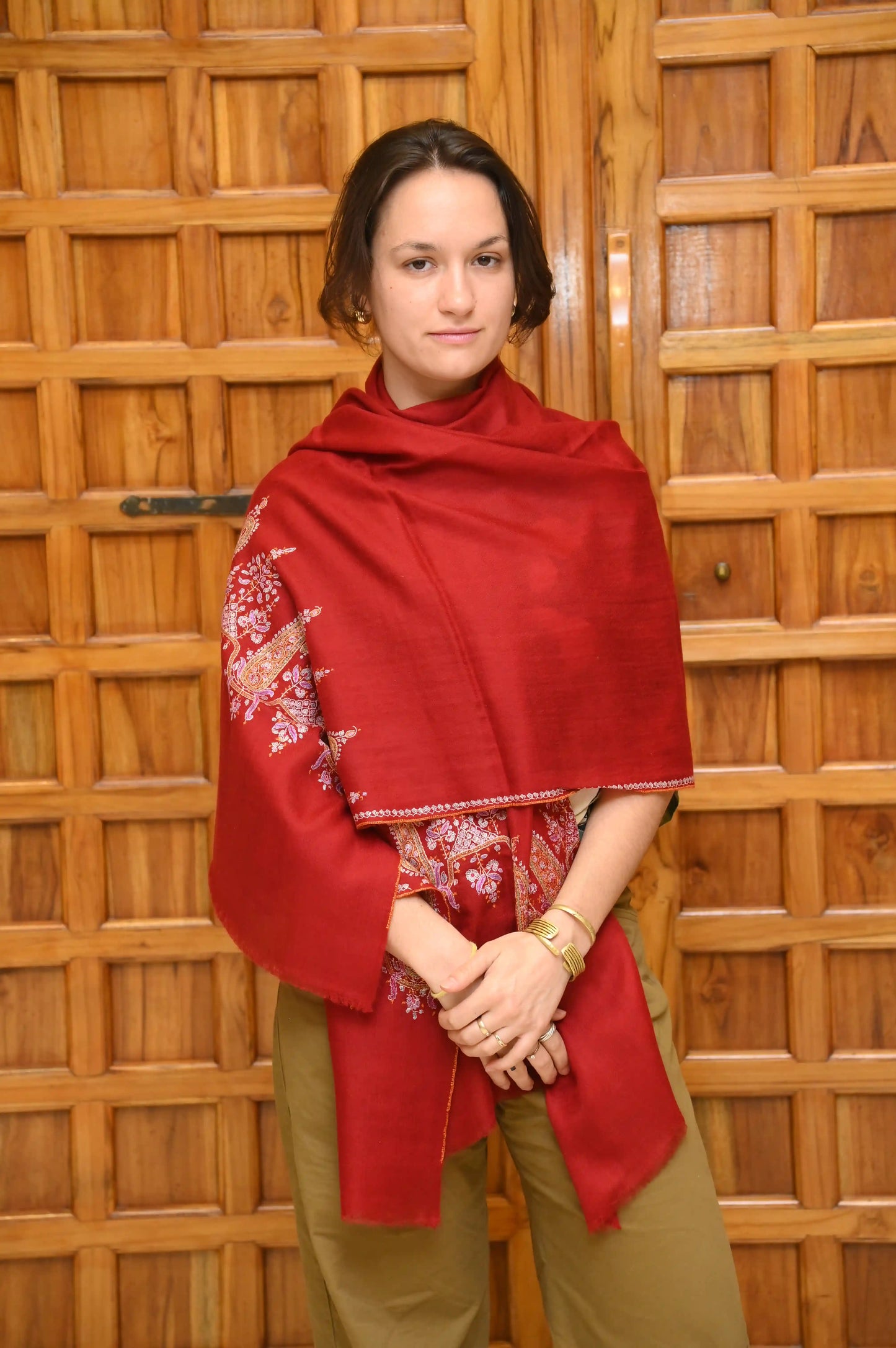 Richly Hand-Embroidered Cashmere Shawl (Red)