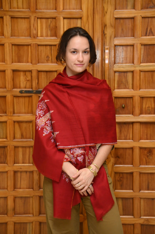 Richly Hand-Embroidered Cashmere Shawl (Red)