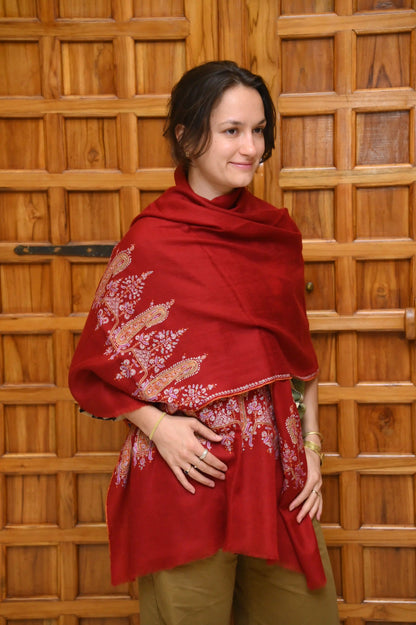 Richly Hand-Embroidered Cashmere Shawl (Red)