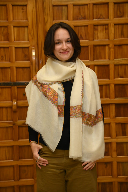 Hand-Embroidered Cashmere Shawl (white)
