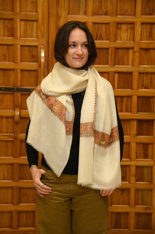 Hand-Embroidered Cashmere Shawl (white)